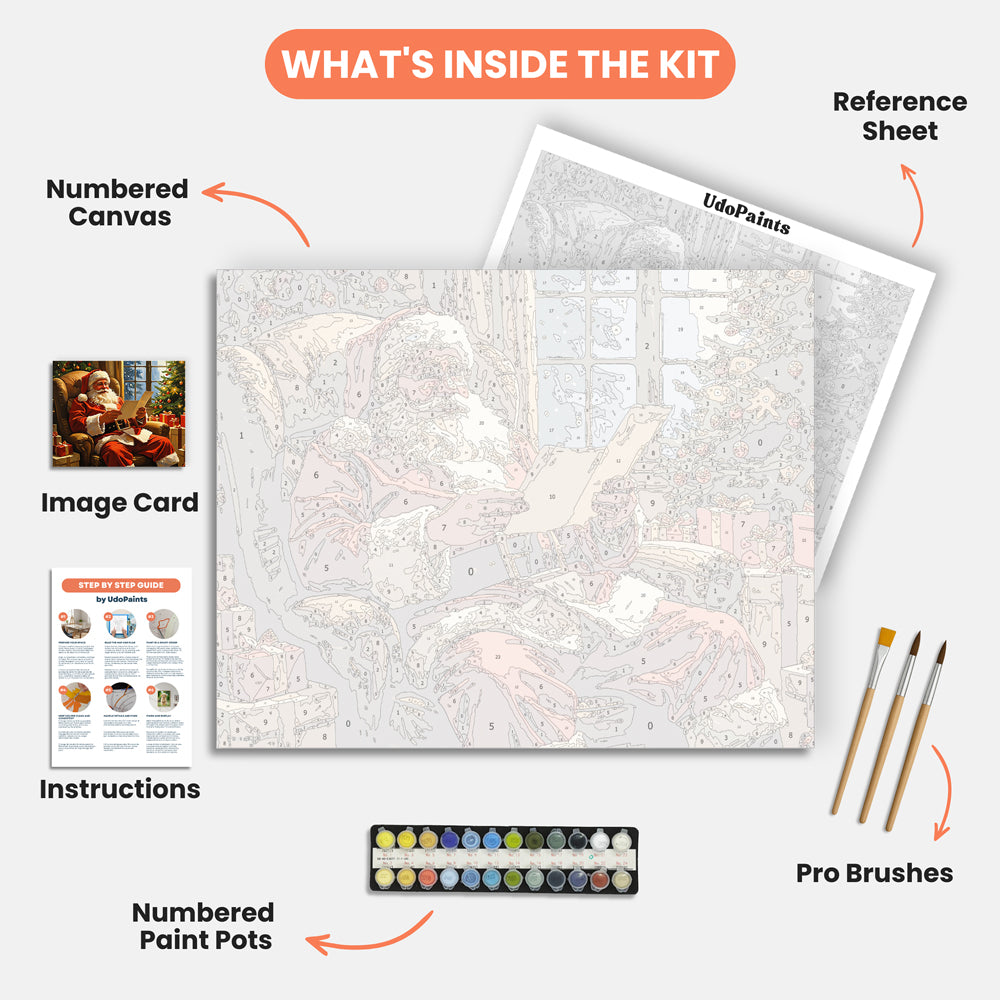 Santa's Cozy Moment Paint by Numbers Kit – includes numbered canvas, paint pots, brushes, and instructions