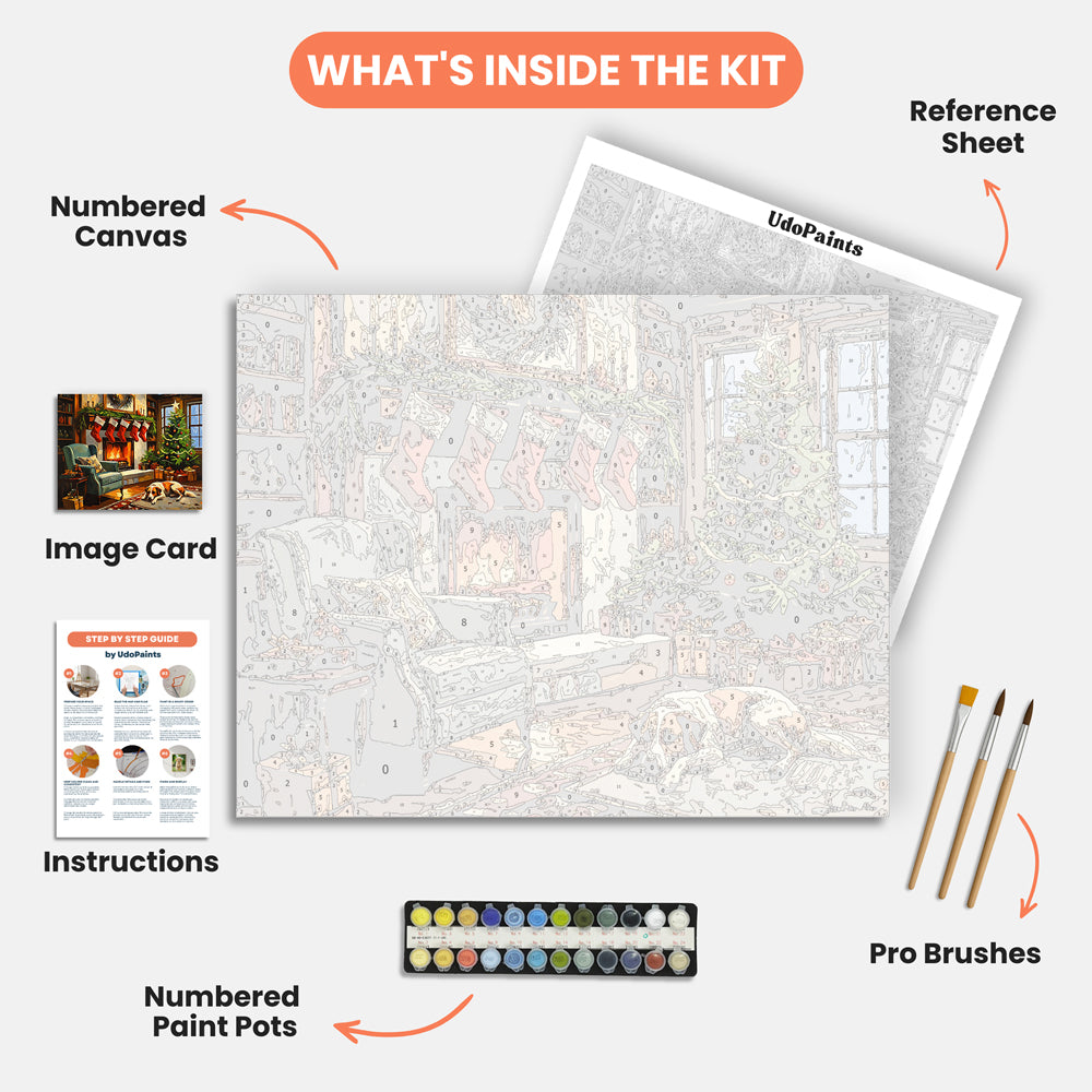Cozy Christmas Eve Paint by Numbers Kit – includes numbered canvas, paint pots, brushes, and instructions