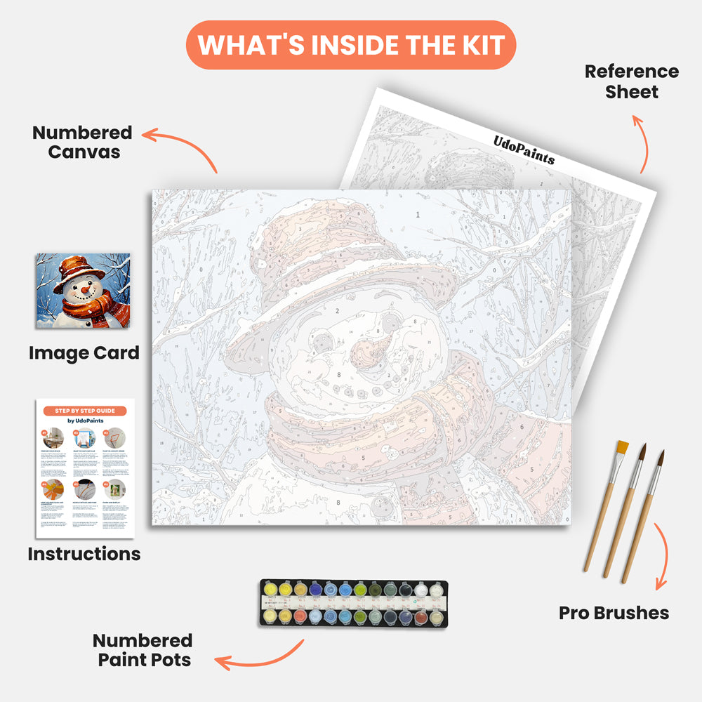 Cheerful Snowman Paint by Numbers Kit – includes numbered canvas, paint pots, brushes, and instructions