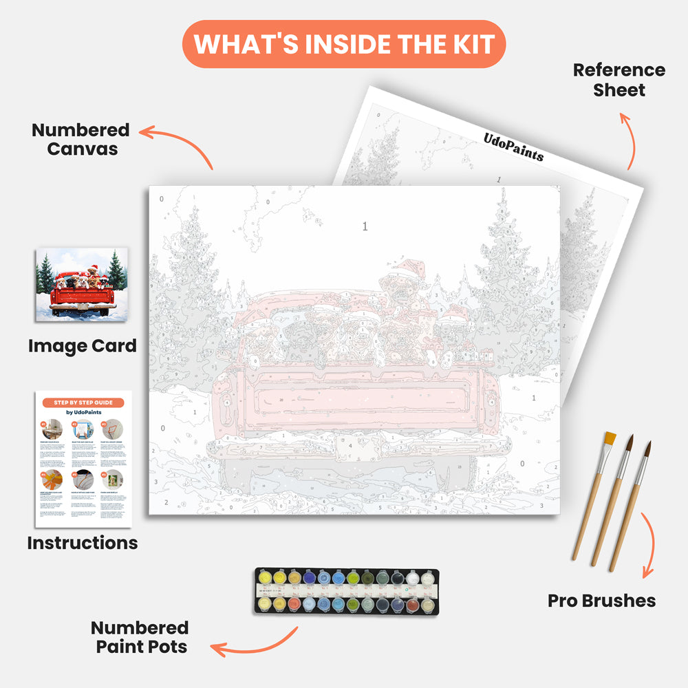 Holiday Puppy Parade Paint by Numbers Kit – includes numbered canvas, paint pots, brushes, and instructions