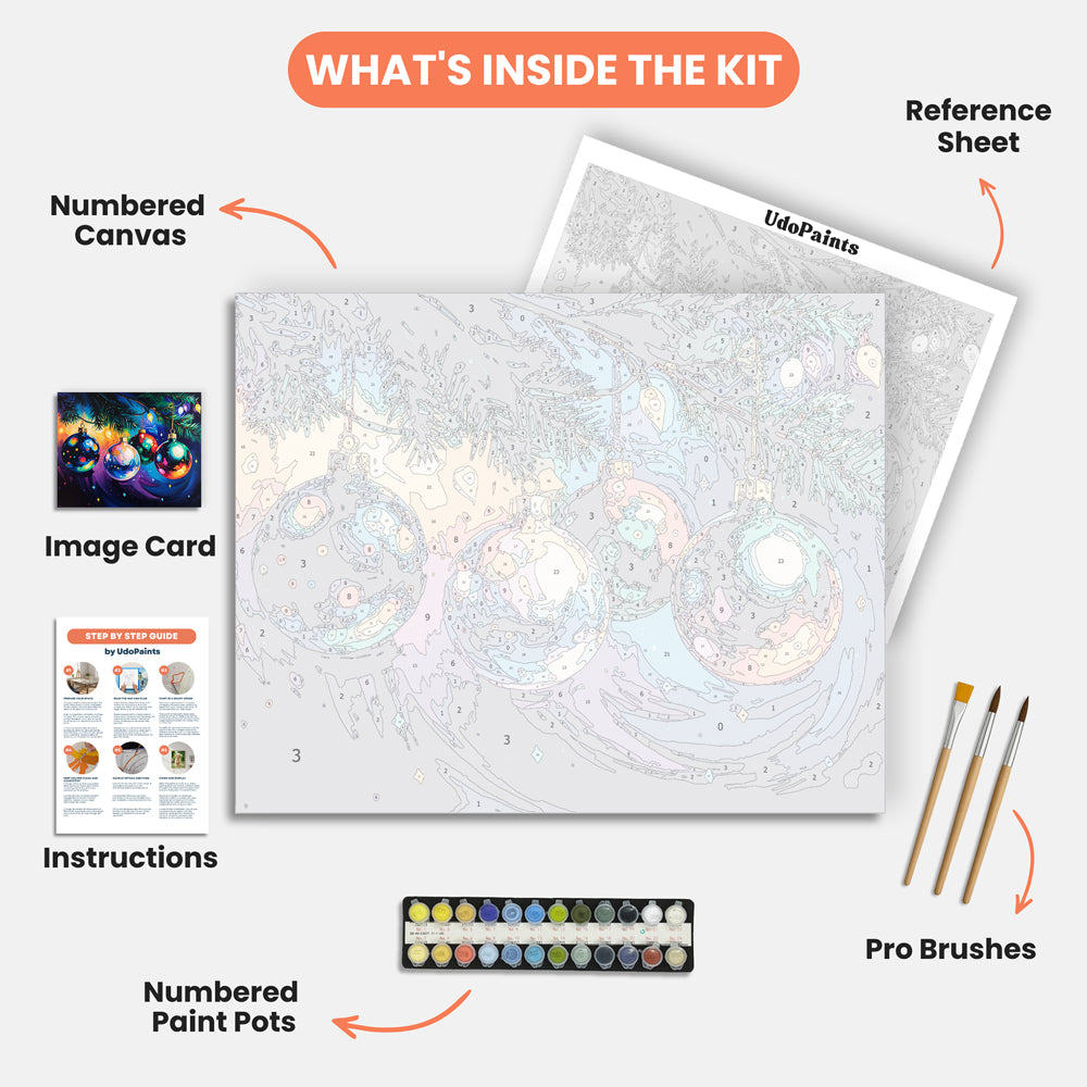 Festive Baubles Paint by Numbers Kit – includes numbered canvas, paint pots, brushes, and instructions