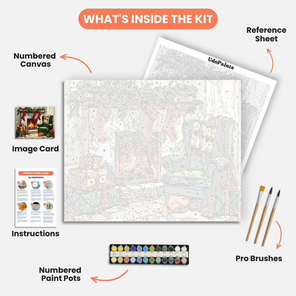 Christmas Hearth Paint by Numbers Kit – includes numbered canvas, paint pots, brushes, and instructions