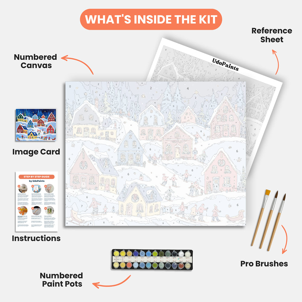 Winter Town Festivity Paint by Numbers Kit – includes numbered canvas, paint pots, brushes, and instructions