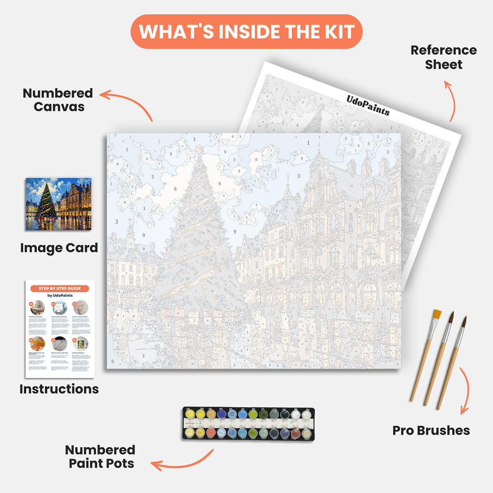 Festive Holiday Scene Paint by Numbers Kit – includes numbered canvas, paint pots, brushes, and instructions