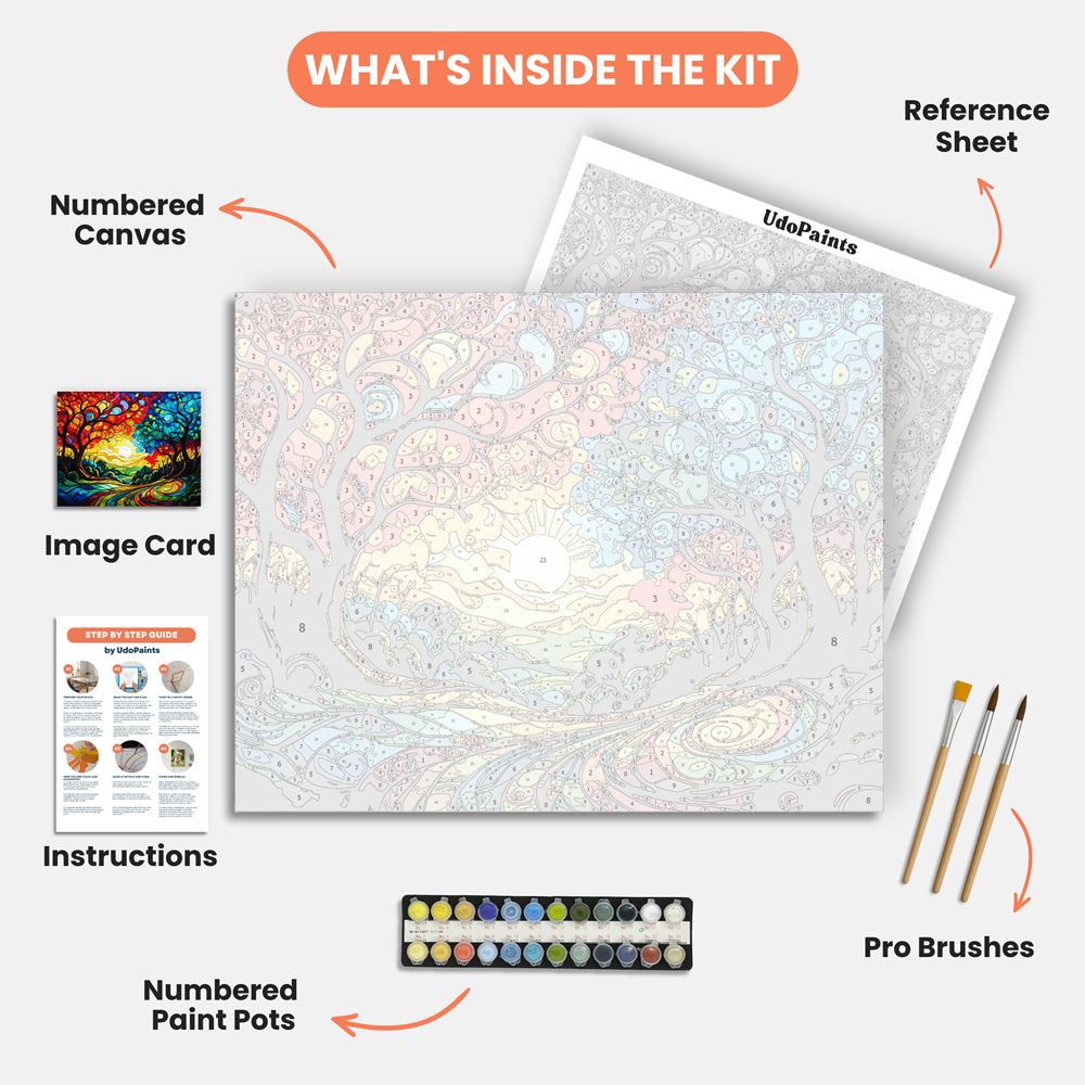 Vibrant Forest Dream Paint by Numbers Kit – includes numbered canvas, paint pots, brushes, and instructions
