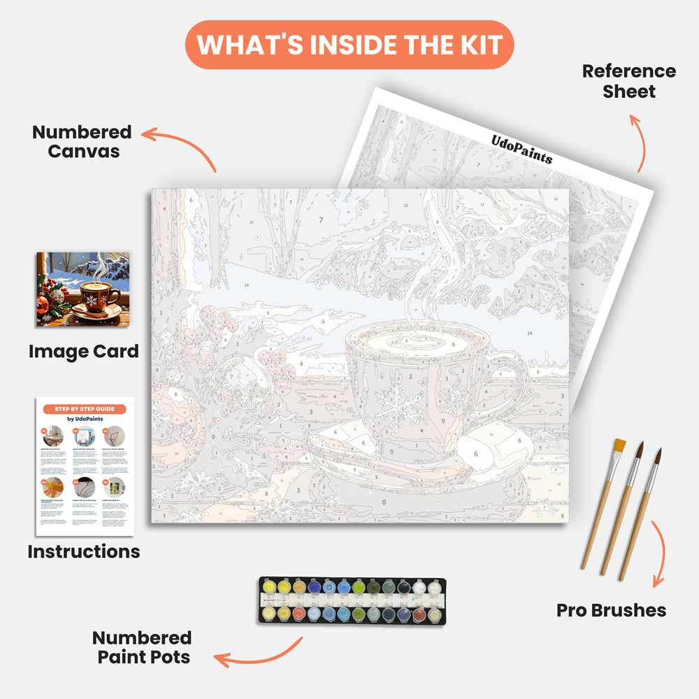 Cozy Winter Mug Paint by Numbers Kit – includes numbered canvas, paint pots, brushes, and instructions