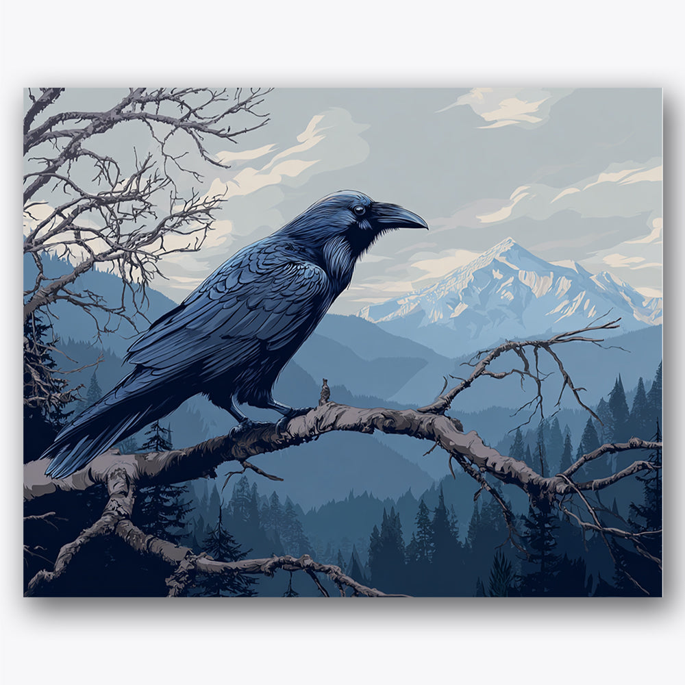 Paint by numbers design of raven, tree branch, gnarled tree branch, distant mountain peaks