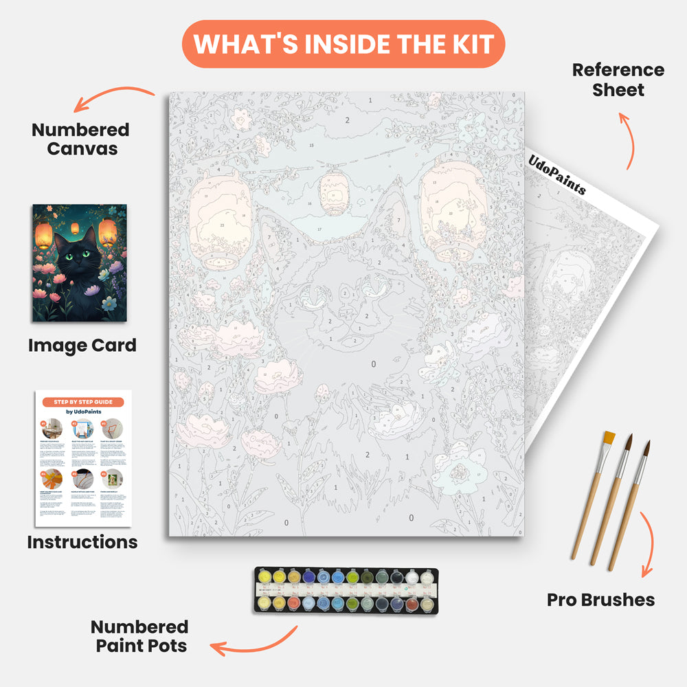 Lantern Cat Paint by Numbers Kit – includes numbered canvas, paint pots, brushes, and instructions