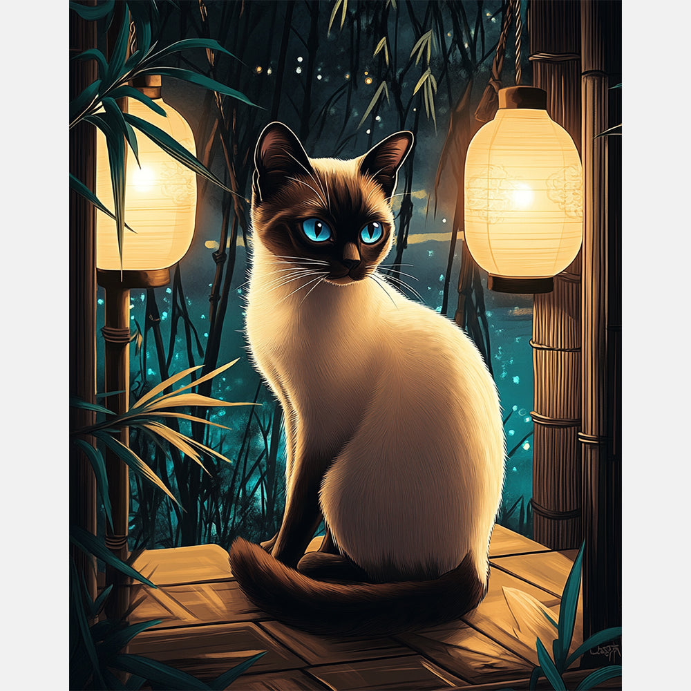 Lantern Glow Siamese Paint by Numbers Kit design preview showing the full artwork layout before painting