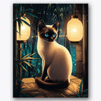 Paint by numbers design of Siamese cat, bamboo lanterns, Siamese cat with bright eyes, glowing bamboo lanterns