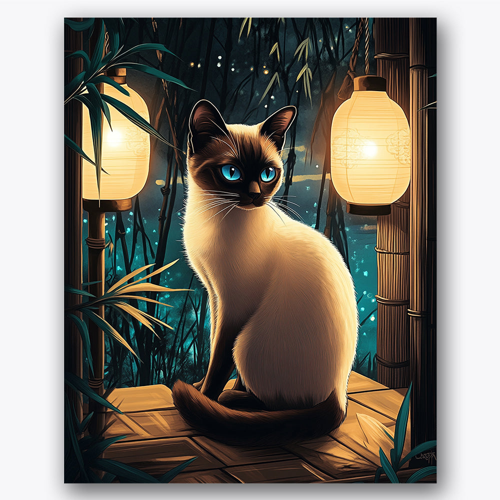 Paint by numbers design of Siamese cat, bamboo lanterns, Siamese cat with bright eyes, glowing bamboo lanterns