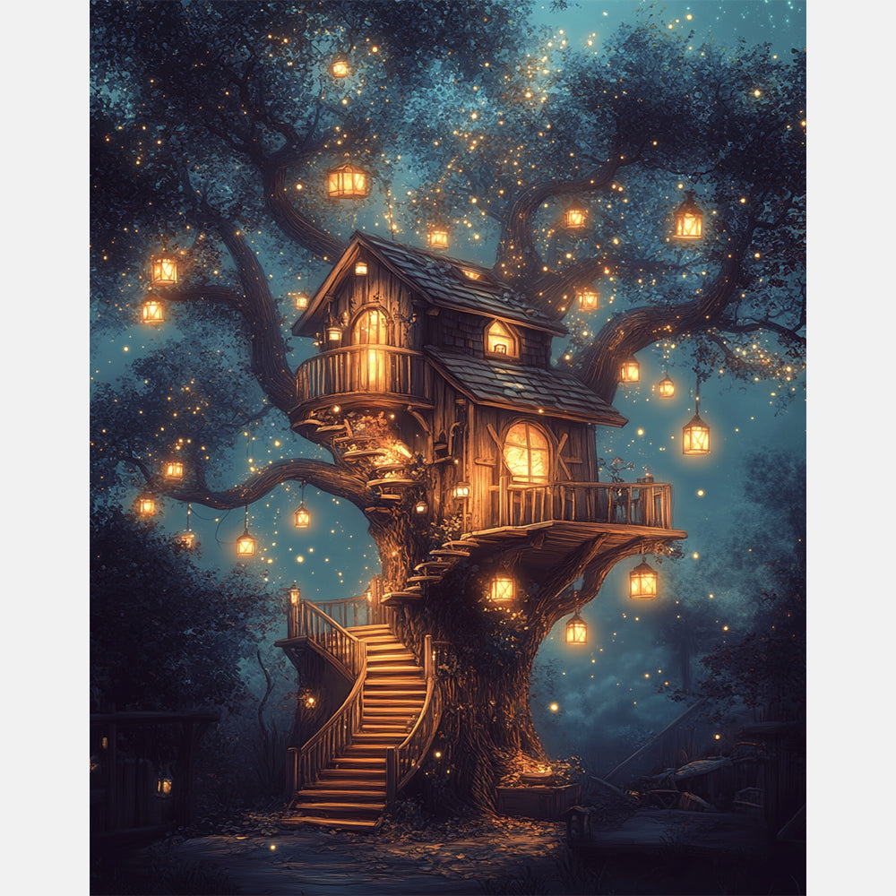 Lantern Tree Refuge Paint by Numbers Kit design preview showing the full artwork layout before painting