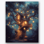 Paint by numbers design of treehouse, lanterns, spiral wooden staircase, abundant hanging lanterns