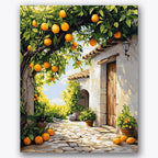 Paint by numbers design of lemon tree, cobblestone path, vibrant lemons hanging, stone cobblestone path