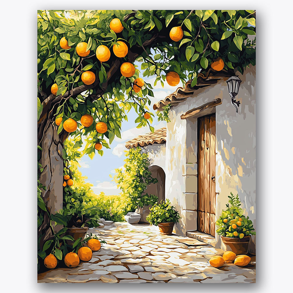 Paint by numbers design of lemon tree, cobblestone path, vibrant lemons hanging, stone cobblestone path