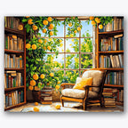 Paint by numbers design of library, lemon tree, yellow lemons, wooden armchair, A cozy library with bookshelves