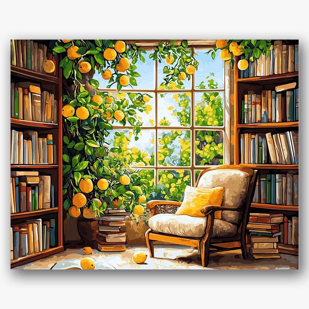 Paint by numbers design of library, lemon tree, yellow lemons, wooden armchair, A cozy library with bookshelves