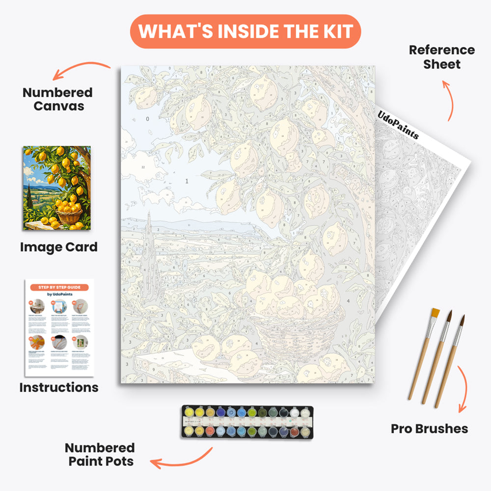 Lemon Orchard Paint by Numbers Kit – includes numbered canvas, paint pots, brushes, and instructions