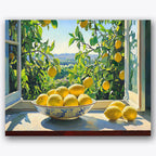 Paint by numbers design of lemons, open window, bowl of lemons, open window