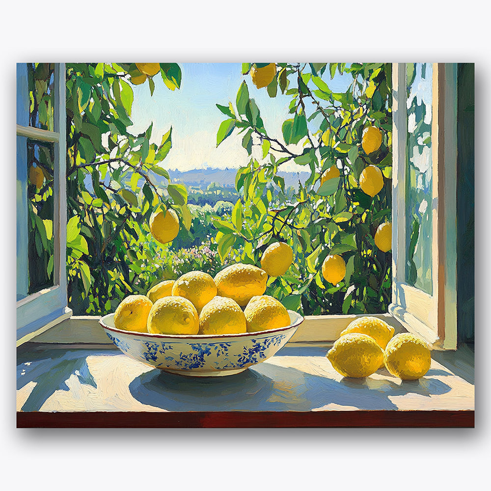 Paint by numbers design of lemons, open window, bowl of lemons, open window