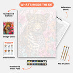 Leopard in Bloom Paint by Numbers Kit – includes numbered canvas, paint pots, brushes, and instructions