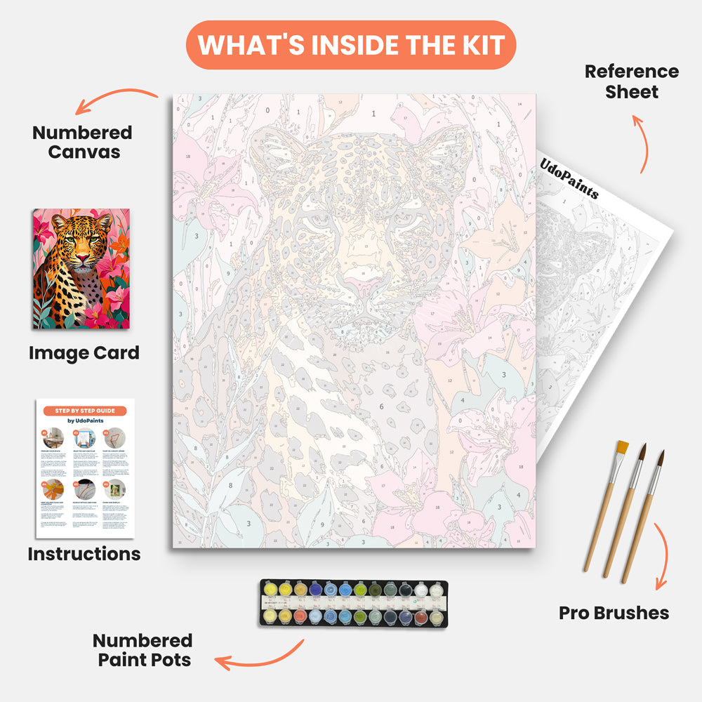 Leopard in Bloom Paint by Numbers Kit – includes numbered canvas, paint pots, brushes, and instructions