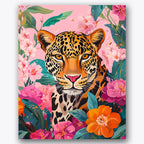 Paint by numbers design of leopard, flowers, leopard s intense gaze, vivid pink background