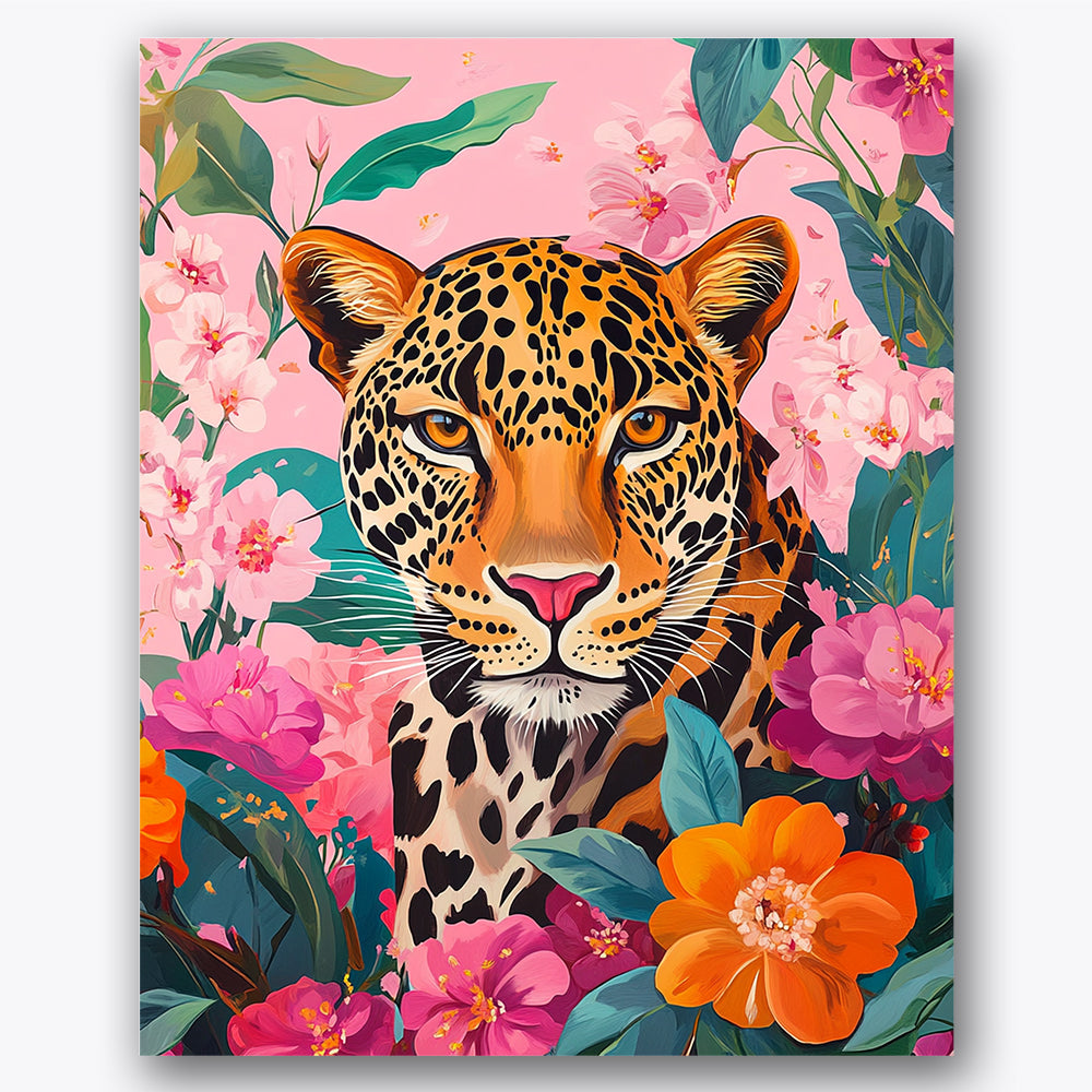 Paint by numbers design of leopard, flowers, leopard s intense gaze, vivid pink background