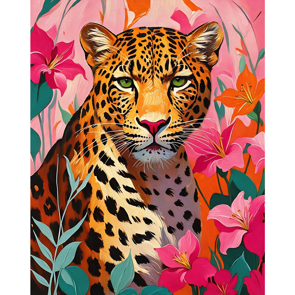 Leopard in Bloom Paint by Numbers Kit design preview showing the full artwork layout before painting
