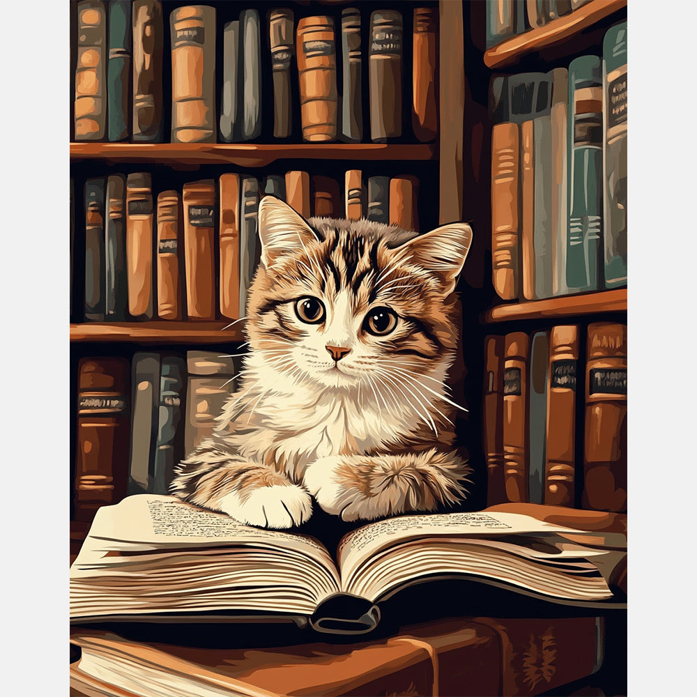 Library Cat Paint by Numbers Kit design preview showing the full artwork layout before painting