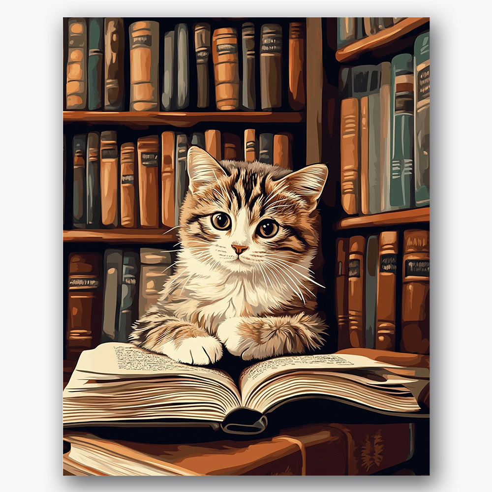 Paint by numbers design of kitten, books, curious kitten face, open book pages