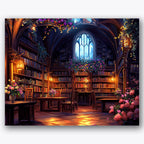 Paint by numbers design of library, flowers, wooden shelves, blooming flowers