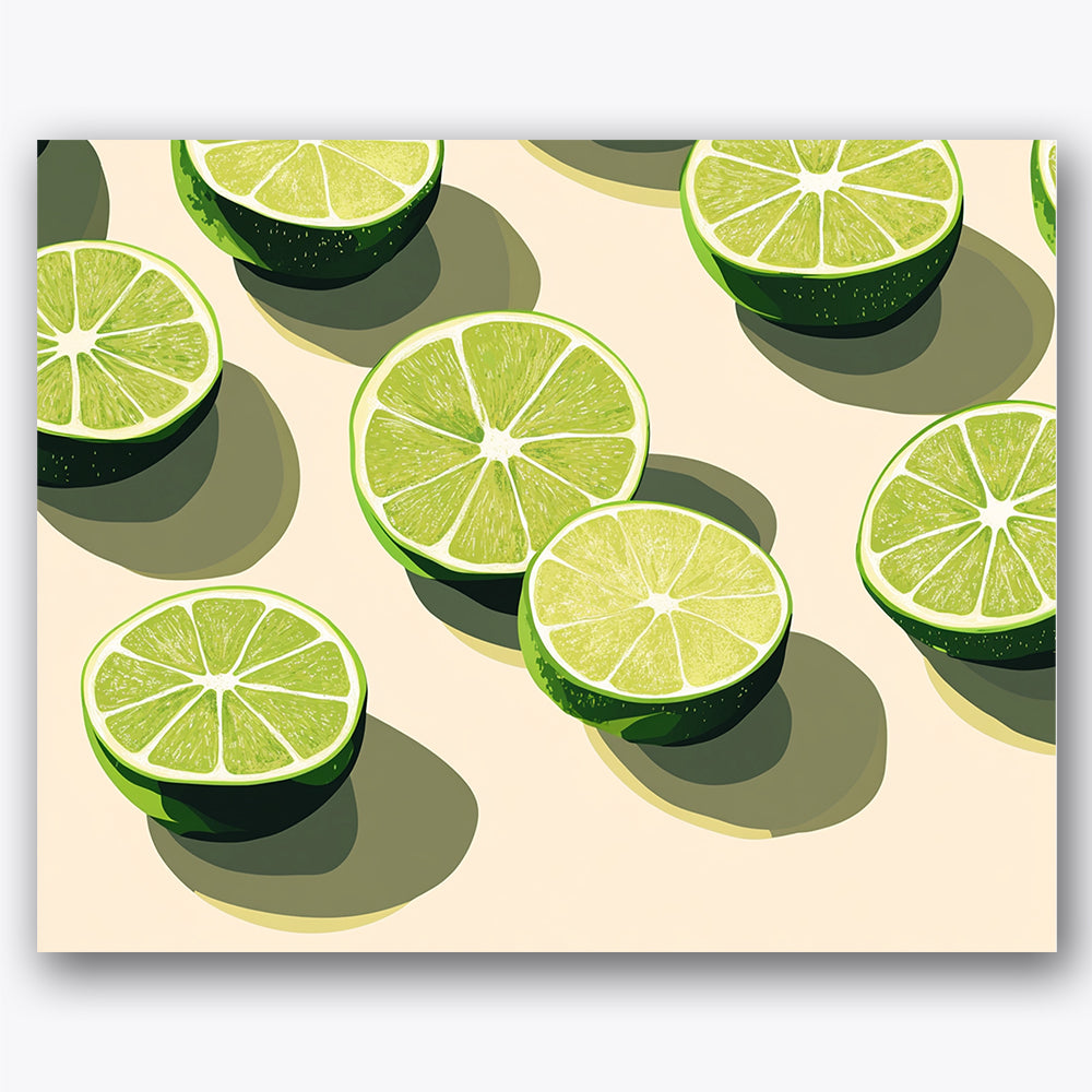 Paint by numbers design of limes, shadows, green slice details, contrasting shadows