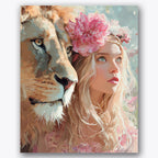 Paint by numbers design of lion, woman with flowers, lion s golden mane, pink floral crown