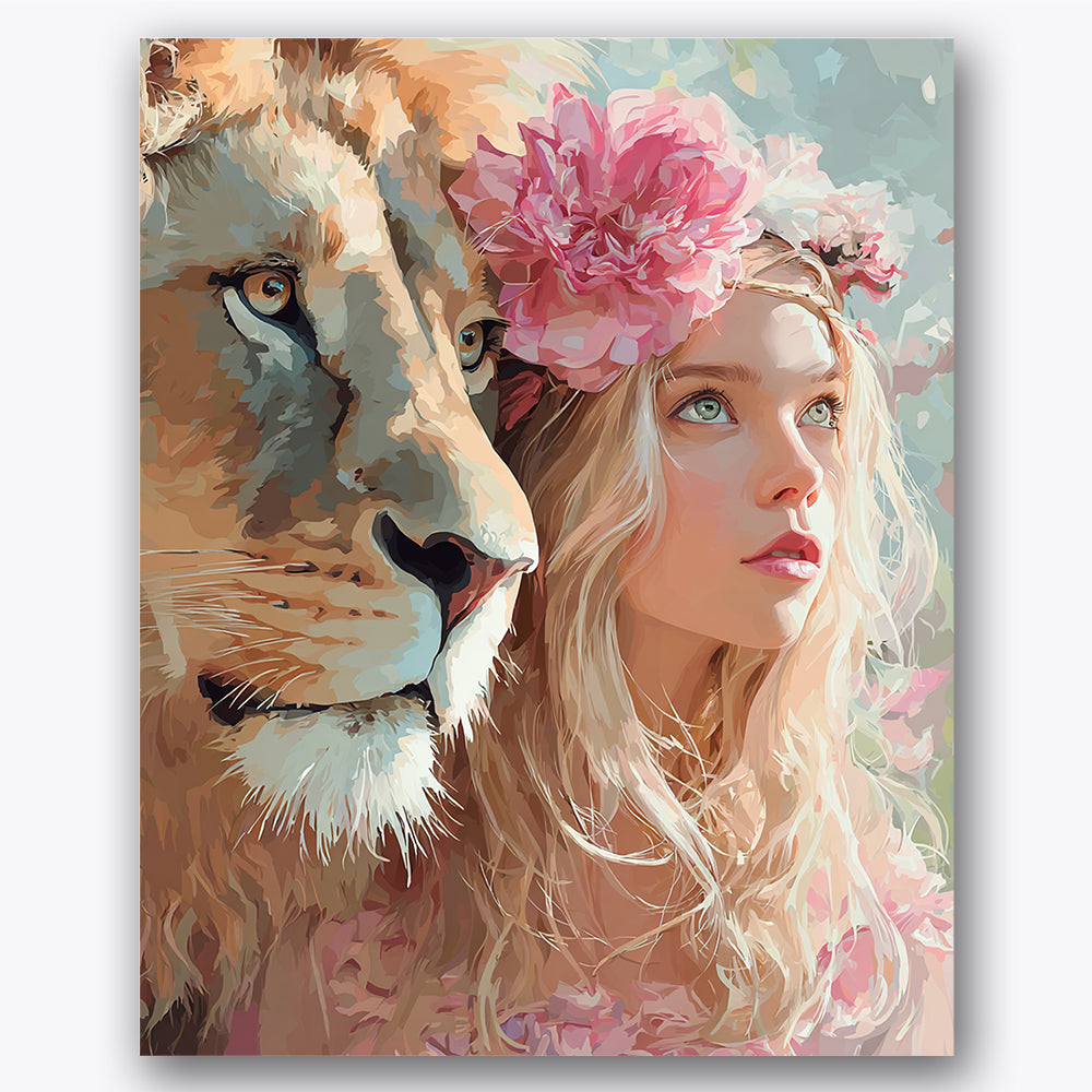 Paint by numbers design of lion, woman with flowers, lion s golden mane, pink floral crown