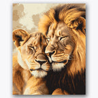 Paint by numbers design of lion, lioness, close-up faces, golden mane detail
