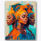 Paint by numbers design of women, headscarves, vibrant headscarves, geometric shapes