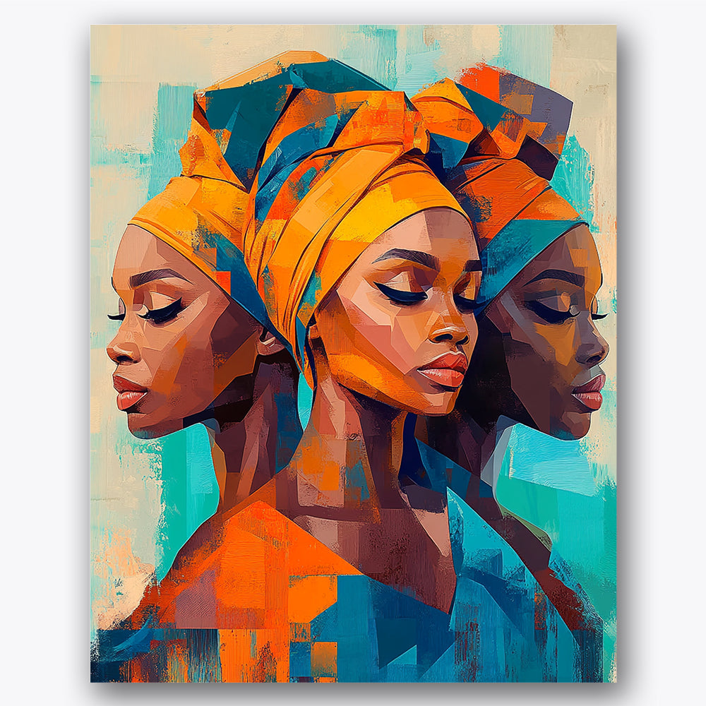 Paint by numbers design of women, headscarves, vibrant headscarves, geometric shapes