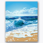 Paint by numbers design of ocean waves, sandy shore, crashing blue waves, bright sandy beach