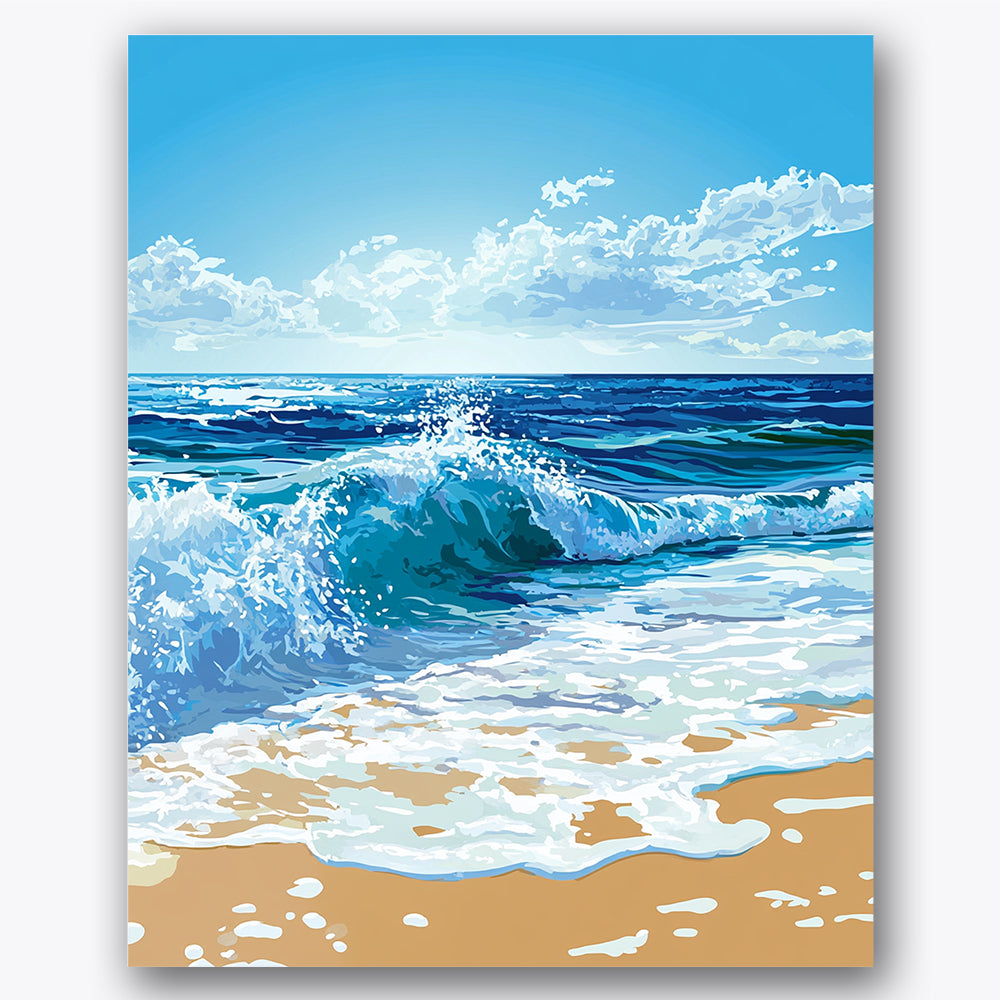 Paint by numbers design of ocean waves, sandy shore, crashing blue waves, bright sandy beach