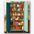 Paint by numbers design of pantry, jars, shelves of colorful jars, open teal cabinet doors