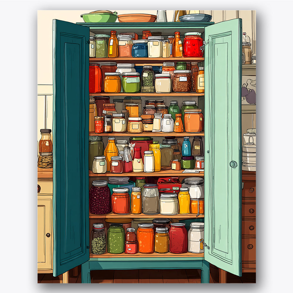 Paint by numbers design of pantry, jars, shelves of colorful jars, open teal cabinet doors