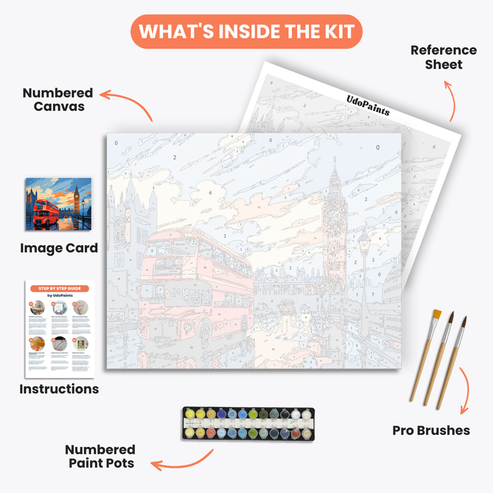 London Evening Paint by Numbers Kit – includes numbered canvas, paint pots, brushes, and instructions