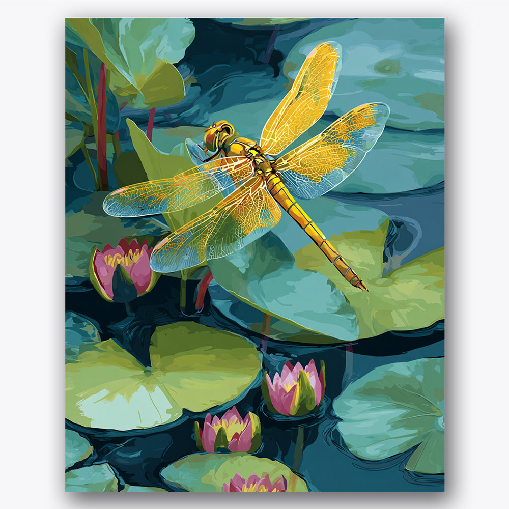Paint by numbers design of dragonfly, lily pads, golden dragonfly wings, vivid green lily pads