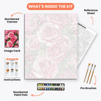 Lush Pink Roses Paint by Numbers Kit – includes numbered canvas, paint pots, brushes, and instructions