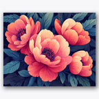 Paint by numbers design of peonies, leaves, coral peony petals, dark blue-green leaves, Vibrant peonies with rich