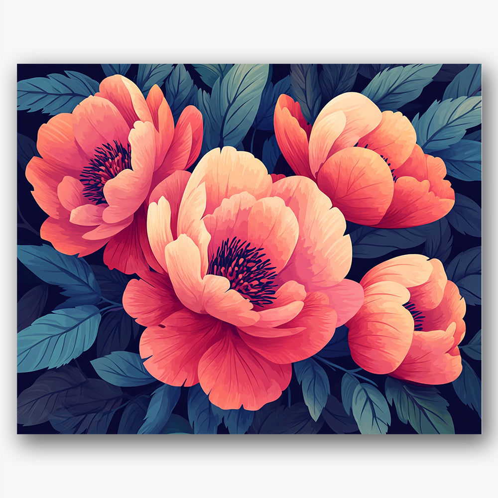 Paint by numbers design of peonies, leaves, coral peony petals, dark blue-green leaves, Vibrant peonies with rich