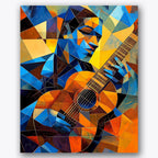 Paint by numbers design of musician, guitar, intricate geometric patterns, vivid orange and blue palette