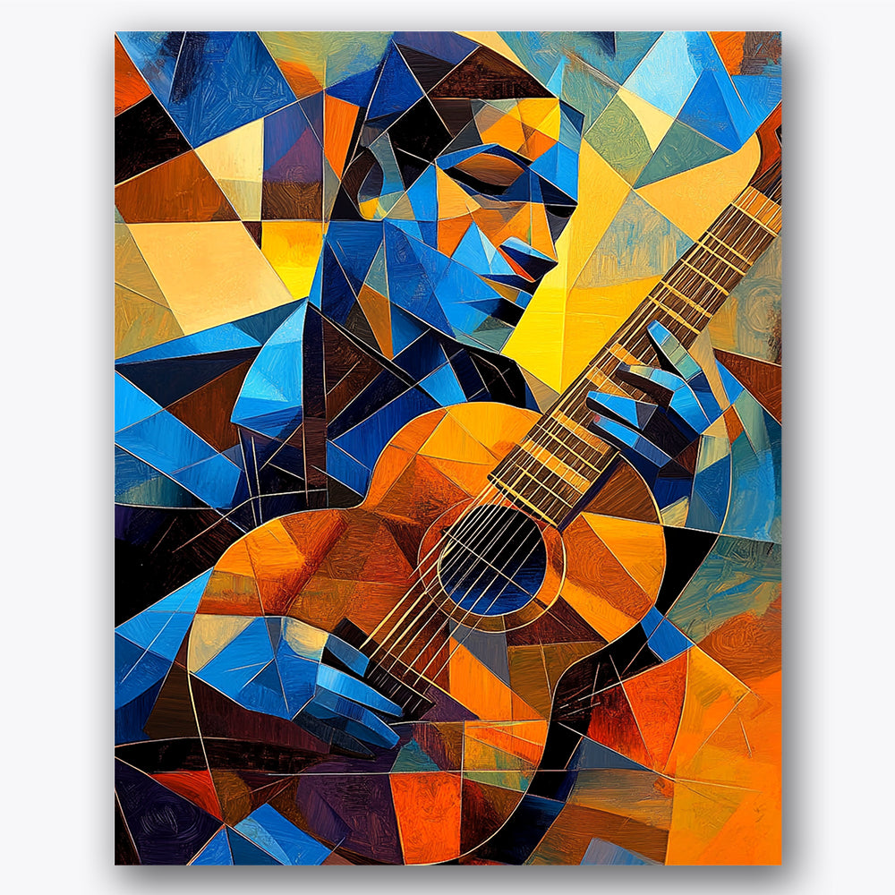 Paint by numbers design of musician, guitar, intricate geometric patterns, vivid orange and blue palette