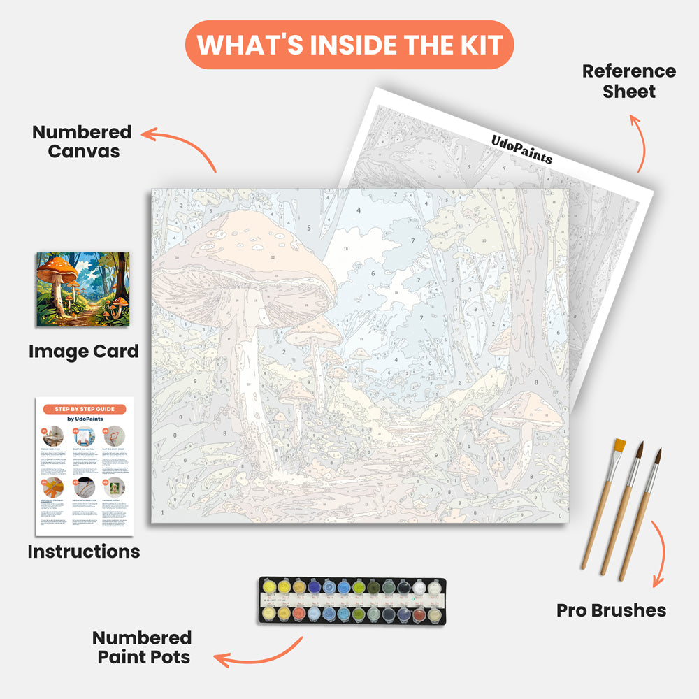 Magic Mushroom Path Paint by Numbers Kit – includes numbered canvas, paint pots, brushes, and instructions
